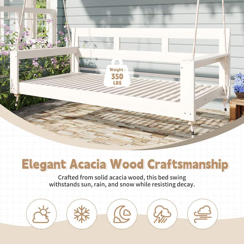 Patio Wooden Twin Size Porch Swing Daybed Frame, Garden Swing Bench Chair with 4 Hanging Ropes for Backyard,Outdoor
