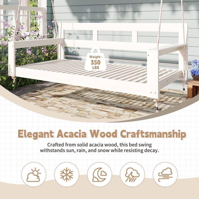 Solid Wood Twin-Size Porch Swing Daybed – 4-Rope Hanging Garden Bench for Backyard & Outdoor Lounging‌