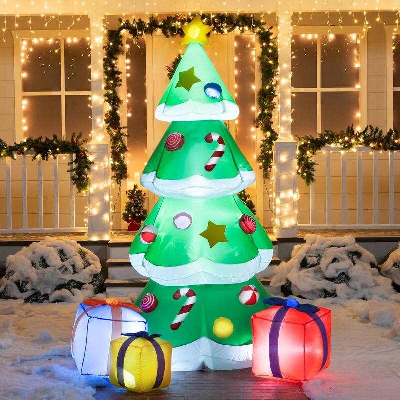7 ft. Tall White, Green & Red Plastic Christmas Tree with Presents Inflatable - Multicolor