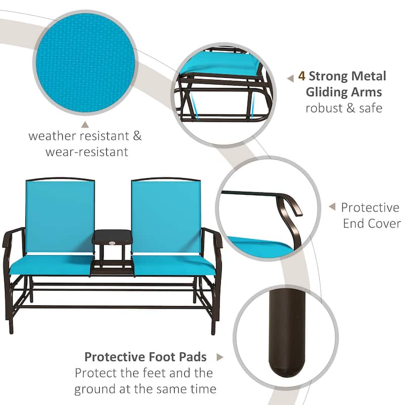 Outsunny 2-Person Outdoor Glider Bench w/ Center Table, Steel Frame for Backyard Garden Porch, Beige