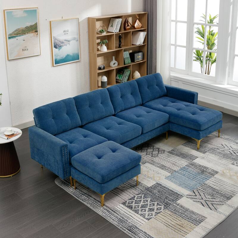 L Shaped Convertible Sectional Sofa with Ottoman, Velvet Fabric 5 Seater Sofa, Upholstered Sofa with Chaise & Storage Pockets