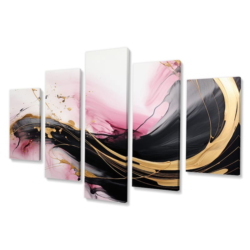 Designart "Abstract Gold Wave Pink And Black I" Abstract Multipanel Wall Decor set