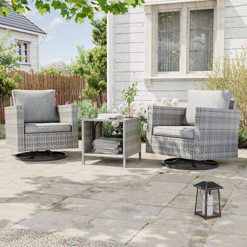 BONOSUKI 3Pcs Patio Swivel Rocking Sofa Set Grey Rattan w/Side Table - Linen Grey