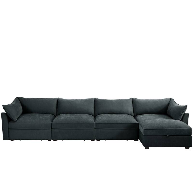 L-Shaped 4-Deep Seater Sectional Sofa Couch with 1 Movable Storage Ottoman & Pull out Drawers Under Each Seat