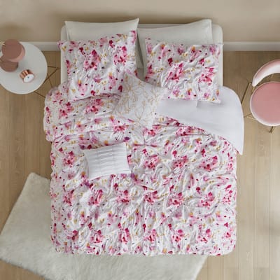 Marissa Pink Floral Printed Ruched Duvet Cover Set by Intelligent Design