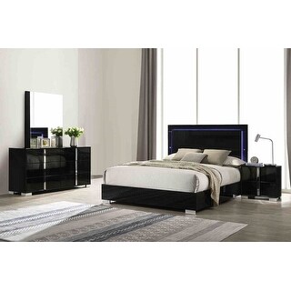Glossy Black Contemporary Bedroom Furniture Set with LED Headboard and ...