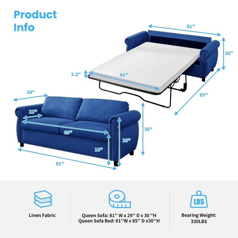 Mixoy Full/Queen Size Pull Out 2 in 1 Sleeper Sofa Bed with Mattress,Convertible Upholstered Loveseat with Nailhead