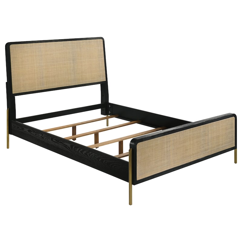 Arini Coastal Wood Panel Bed with Rattan Headboard and Footboard - Black / Natural (Eastern King) - King