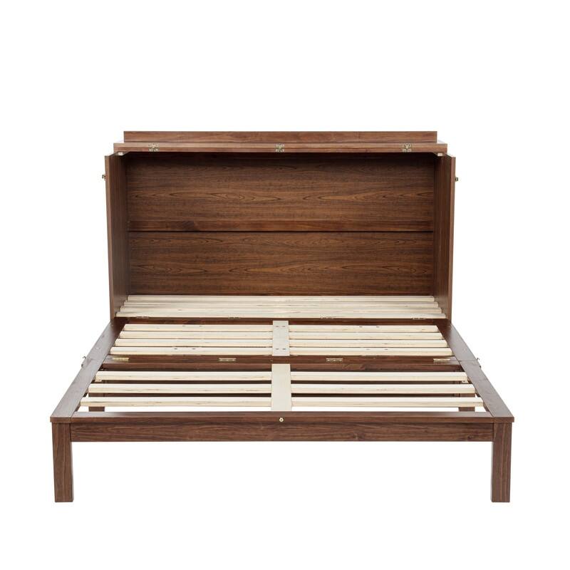 Murphy Bed Cabinet with Large Storage Drawer, Wood Hideaway Wall Bed Frame with USB Ports, Rattan Decoration Panel