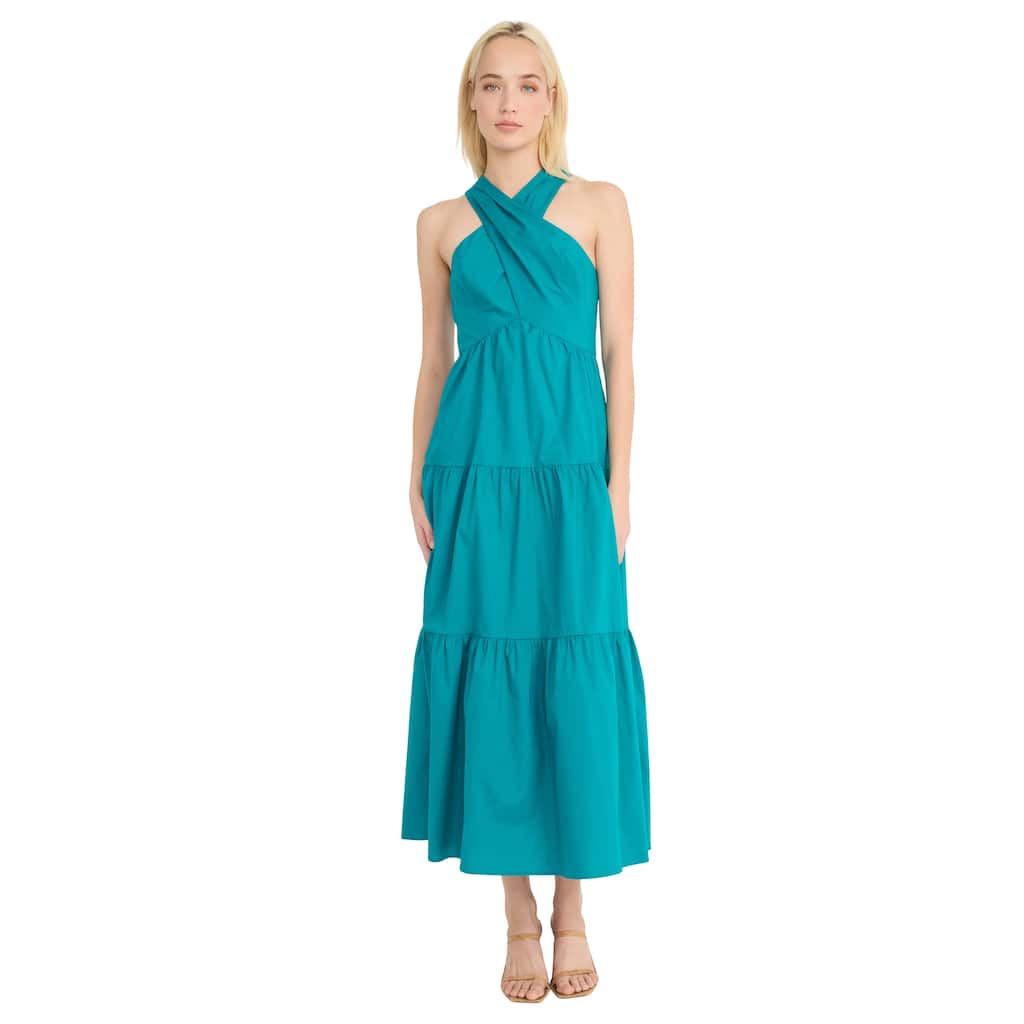 Halter Neck Sleeveless Tiered Maxi Dress With Back Zipper And Crossover Neckline