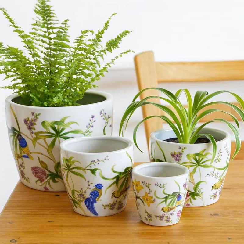 Kerry Planter Pot Set of 4, Floral Bird Pattern, White Green Ceramic