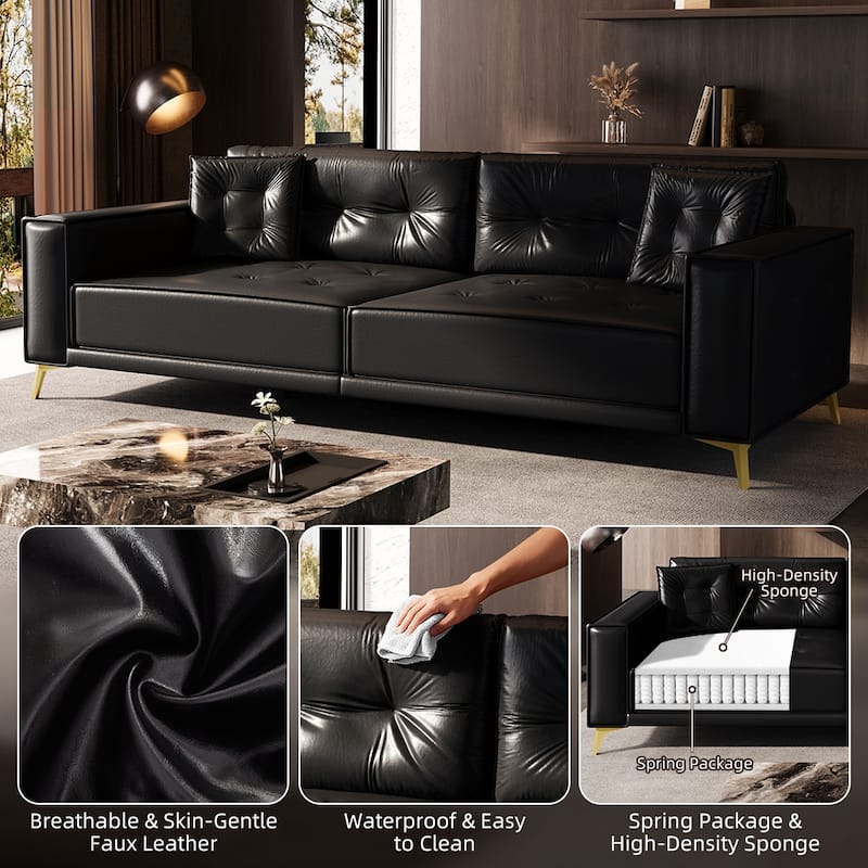 Oversized 3-in-1 Convertible Sofa Bed, 92.1" Faux Leather Square Arms Loveseat, Modern Pull-Out Sleeper Couch with Pillows