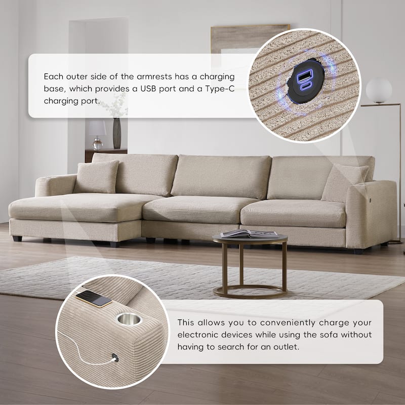 Oversized Corduroy Sectional Sofa,L Shaped Cloud Couch with USB Charging Port,Cup Holder,Deep Seat Sofa Bed with 50" Chaise