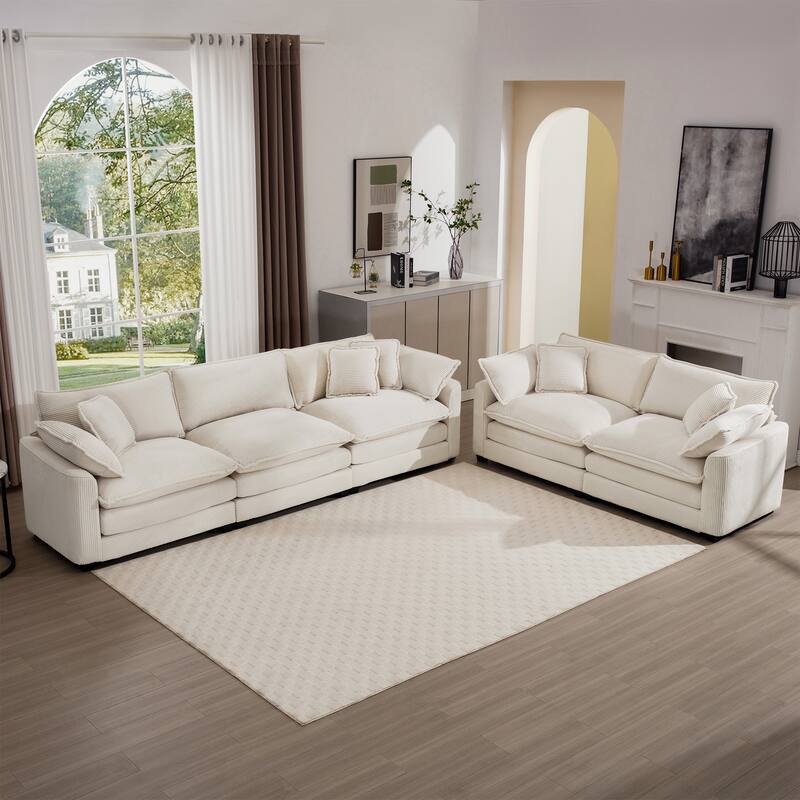 Corduroy Fabric Deep Seat Sofas Set with Throw Pillows, 3+2 Seater Flexible Combinations Sofa with Removable Armrests - Beige