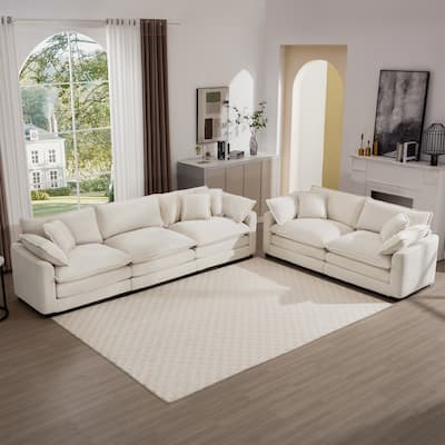 Corduroy Fabric Deep Seat Sofas Set with Throw Pillows, 3+2 Seater Flexible Combinations Sofa with Removable Armrests