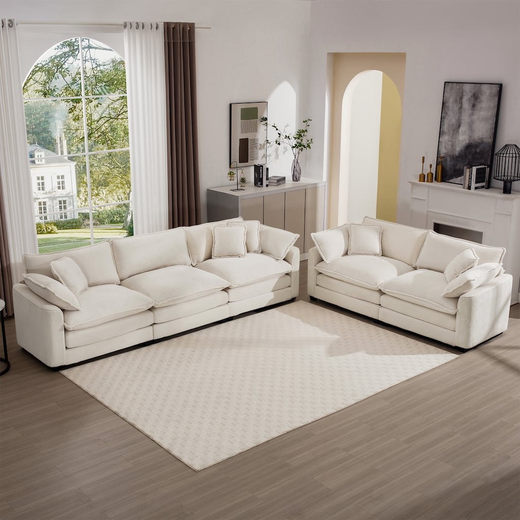 Corduroy Fabric Deep Seat Sofas Set with Throw Pillows, 3+2 Seater Flexible Combinations Sofa with Removable Armrests