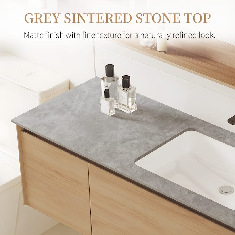 47.24 Single Bathroom Vanity, Modern, Gray Stone Stop, Light Solid Wood
