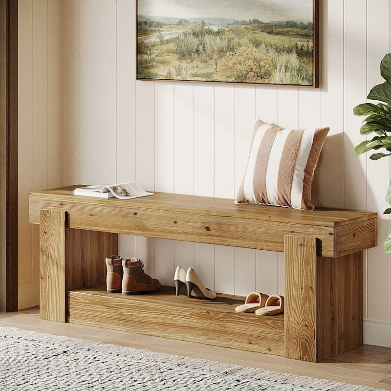 63 Inch Solid Wood Entryway Bench with Storage Shelves, 2-Tier Shoe Rack Bench, Farmhouse Storage Bench For Bedroom End of Bed