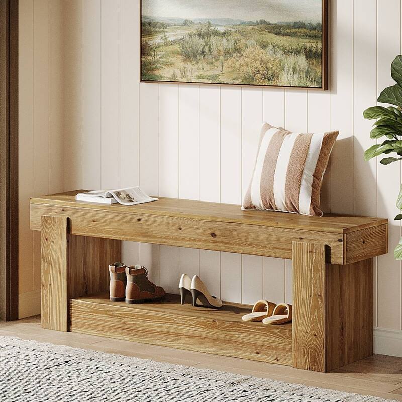 63 Inch Solid Wood Shoe Bench Entryway with Storage, 2-Tier Storage Bench for Bedroom End of Bed - Rustic Brown
