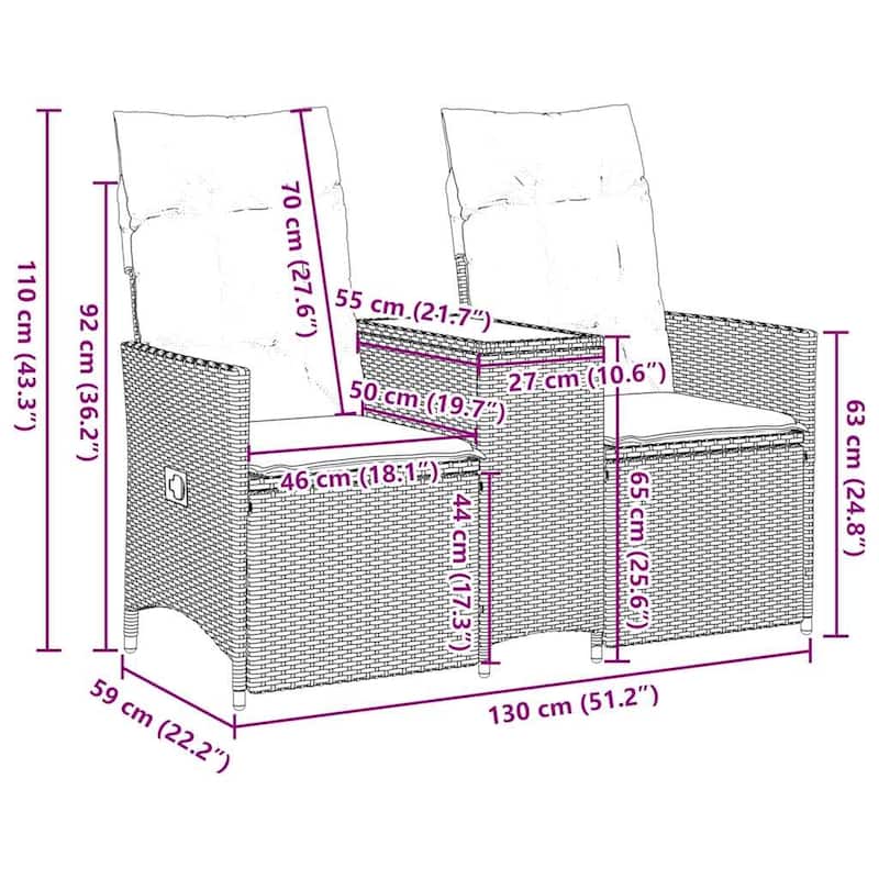 vidaXL Reclining Patio Sofa 2-Seater with Table Gray Poly Rattan - 51.2 x 23.2 x 36.2