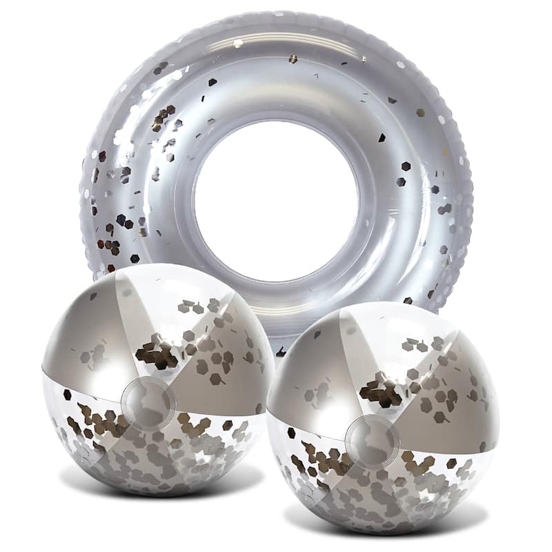 Mozlly Bundle of Silver Inflatable Pool Float Tube And Beach Balls - ‎37 x 37 x 9.5 inches