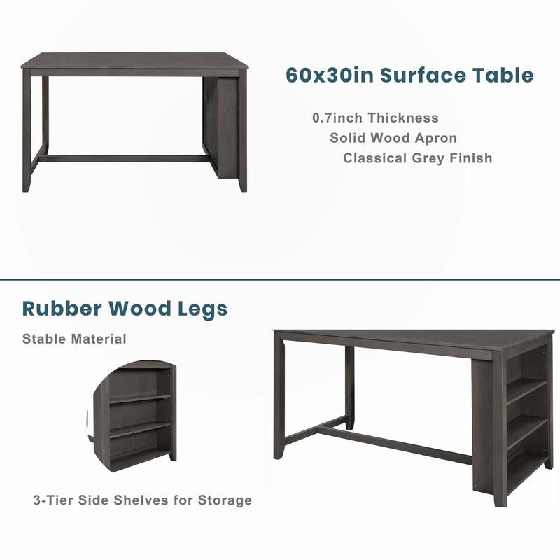 5 Pieces Rustic Dining Room Wooden Bar Table Set - Grey