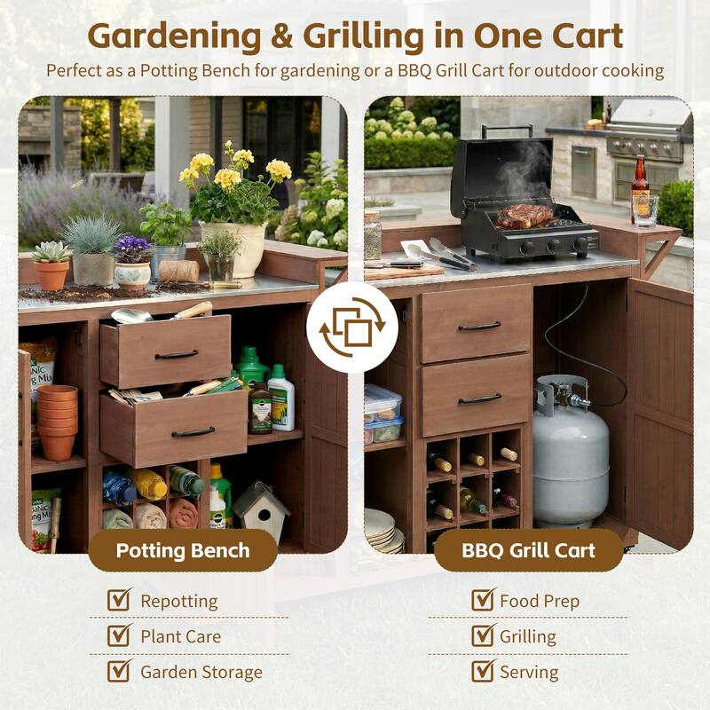 Roomfitters Outdoor Grill Cart and Kitchen Island, Stainless Steel Top, Portable Potting Bench with Storage, Wheels