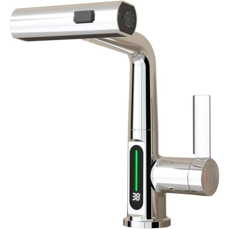 Pull Out Lift Bathroom Sink Faucet with LED Temperature Digital Display and 3 Water Spray Modes, Corrosion Resistant