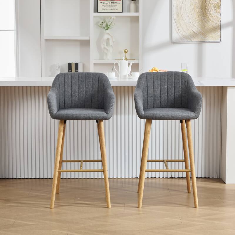 Modern Bar Stools Set of 2, Kitchen Island Tall Chairs with Back, Arm, Footrest and Solid Wood Leg, Upholstered Bar Stools