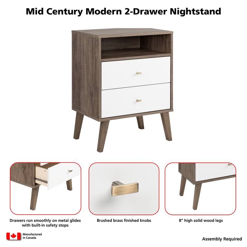 Prepac Milo Mid-Century Modern 2 Drawer Nightstand with Open Shelf, Bedside Table, Contemporary Bedroom Furniture