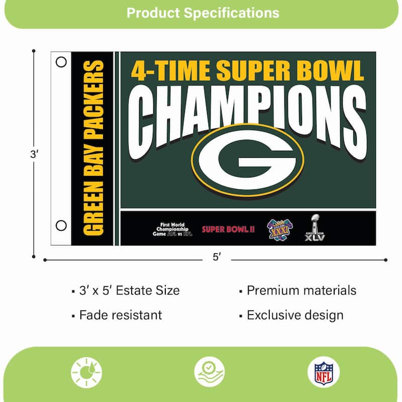 Green Bay Packers Single Sided Flag w/ 2 Grommets, 3'x5'