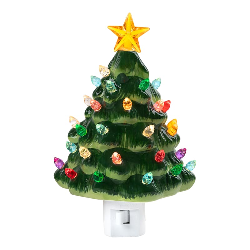 Retro Christmas Tree Ceramic Night Light - 7" - Green