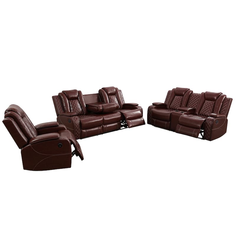 LED Breathing Leather 3-Piece Recliner Sofa Set for Living Room