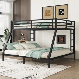 Queen over King Size Metal Bunk Bed with Fence, Ladder, and Noise-Reducing Design