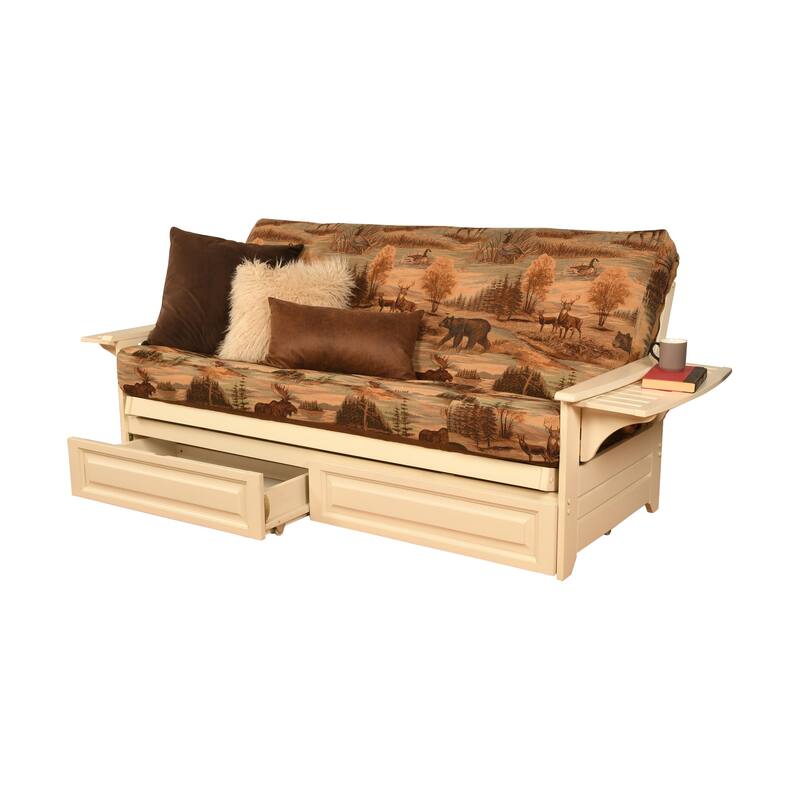 Somette Phoenix Futon Set in Antique White Wood with Innerspring Mattress and Storage Drawers