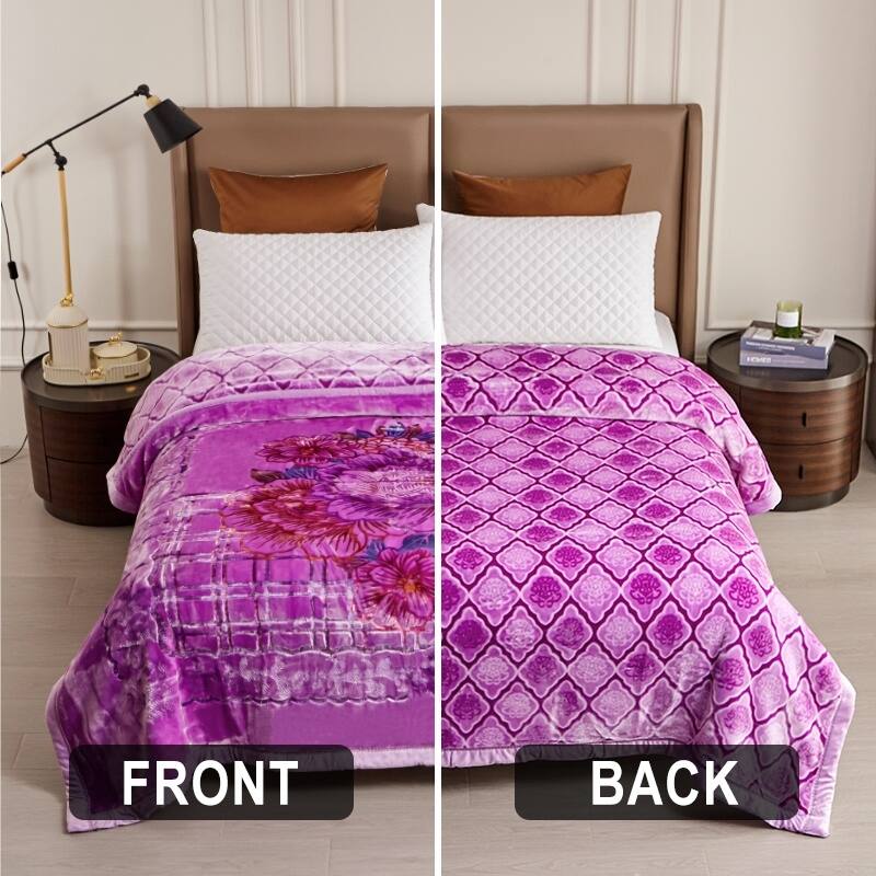 Luxury Heavy Thick Plush Blanket 2 Ply A&B Disign For Winter - King-85"x95" - Violet Flower