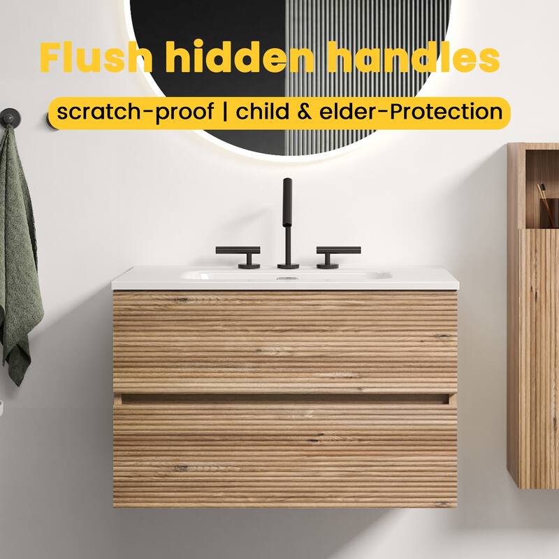 GDFStudio - Gloria Modern Wall-Mounted Floating Bathroom Vanity with Integrated Ceramic Basin & Soft-Close Drawers