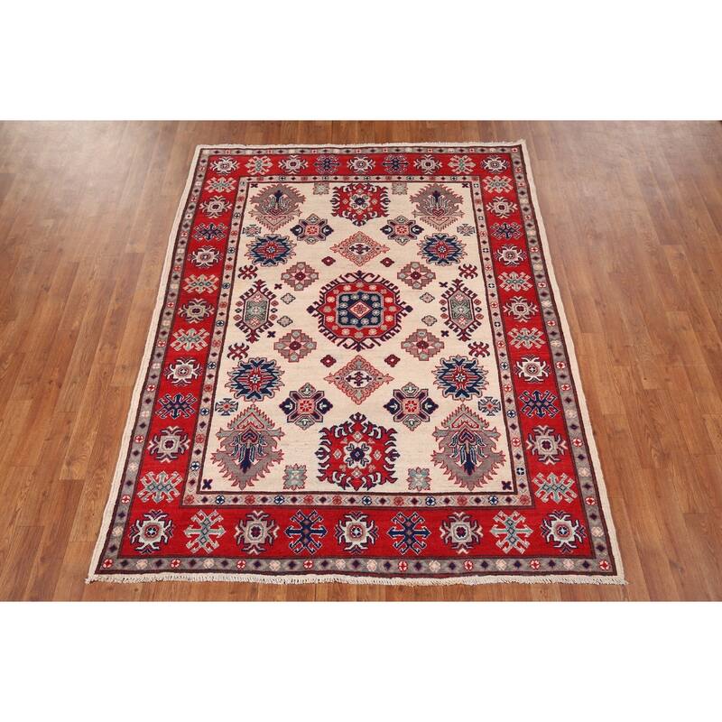 Geometric Kazak Area Rug Hand-Knotted Bedroom Beige Wool Carpet - 5'2" x 6'7"