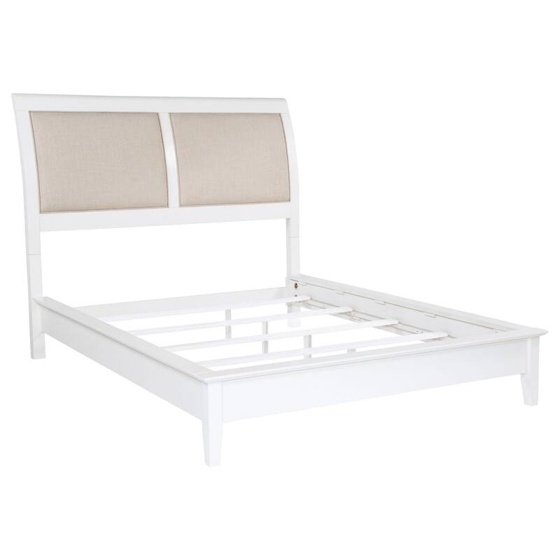 Heo King Size Bed, Sleigh Beige Upholstered Headboard, White Wood