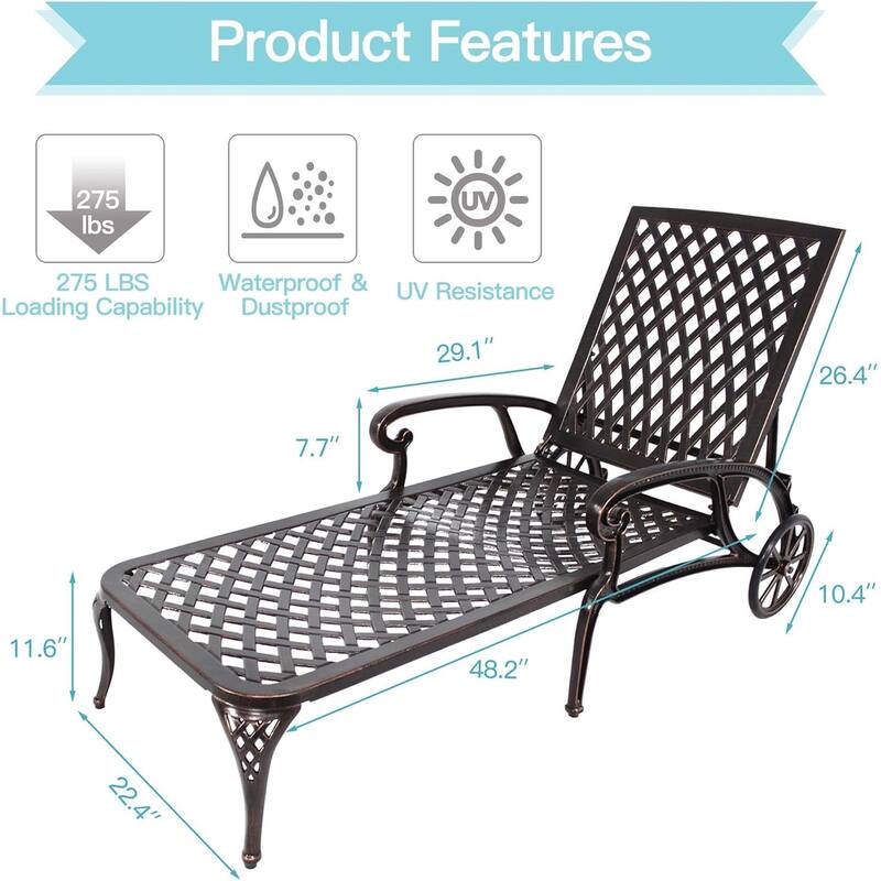 HOMEFUN Aluminum Outdoor Waterproof Chaise Lounge Chair with Adjustable Backrest and Wheels
