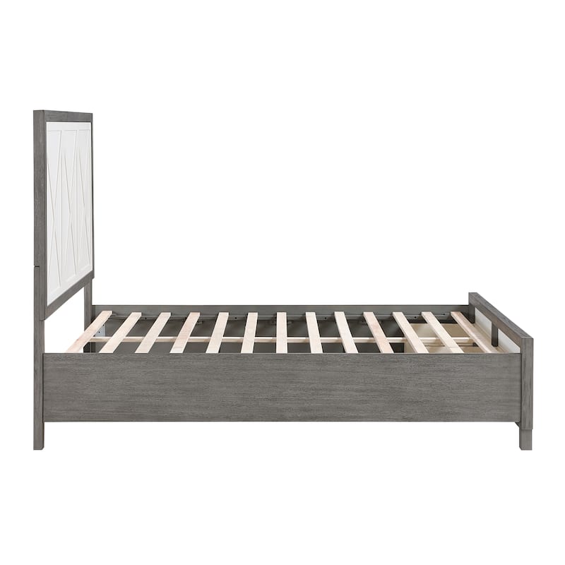 Queen Platform Bed with Footboard Storage in Ivory and Gray Finish