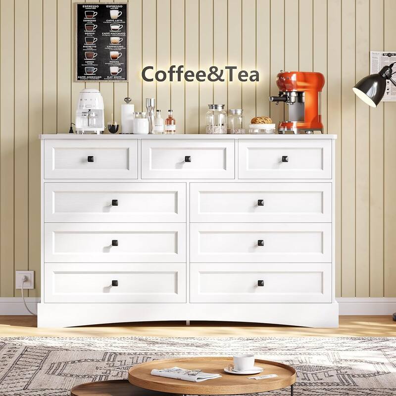 Bedroom Dresser Charging Station Storage Drawers Chest of Drawers - White - 9-drawer