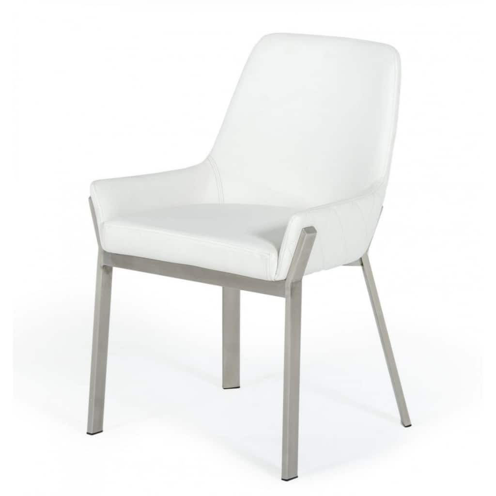 34" Contemporary Arm Dining Chair with White Upholstered Faux Leather Seat and Silver Frame - 33.5”H x 23”W x 24”D