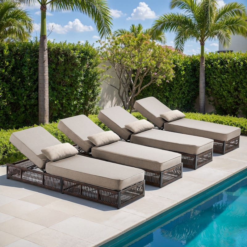 Gymojoy Outdoor Patio Chaise Lounge Chair, Luxury Rattan Recliner with 6-Position Backrest & 5-Inch Thick Cushions Set of 4 - Beige