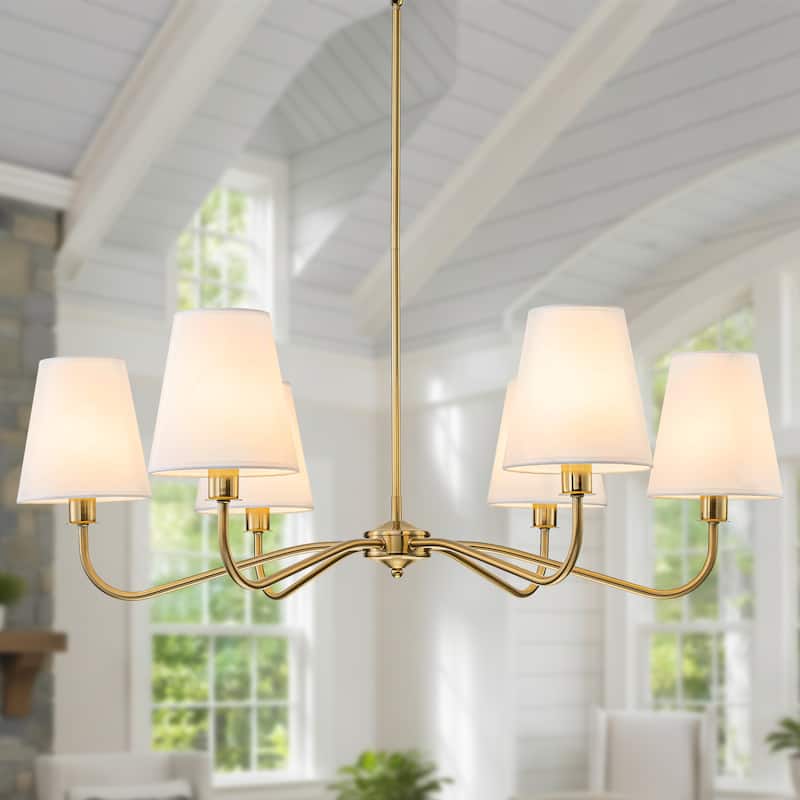 Starsky 6-Light Modern Classic Chandelier with White Linen Shades - 35"W - Gold