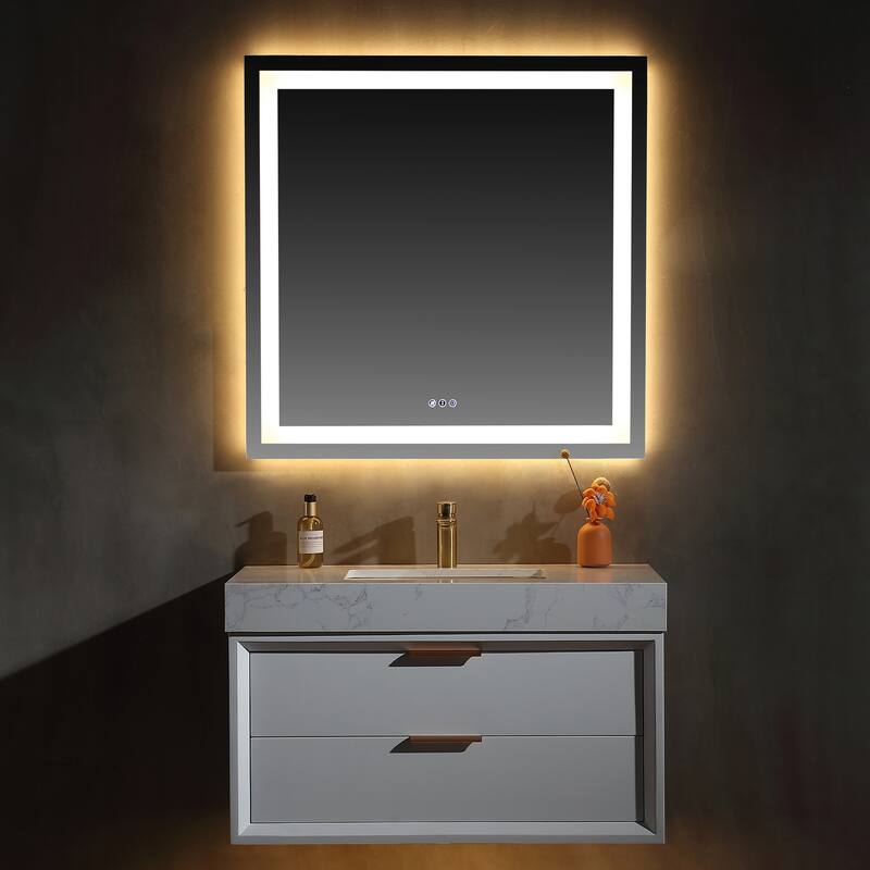 36/48/60 Modern Floating Bathroom Vanity with Sinle/Double Sink & Soft-Close Drawers & LED Lighting & Waterproof, White