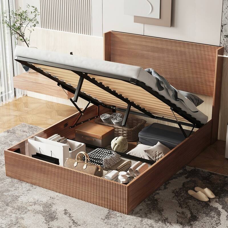 Large grooved undulating lift storage bed frame - Natural Wood - Queen