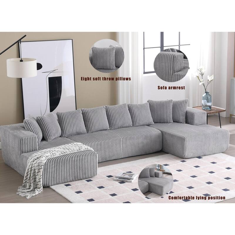 U-shaped Floor Sectional Sofa Striped Corduroy Upholstered Recliner Couches with 2 Chaise Lounge and 8 Toss Pillows