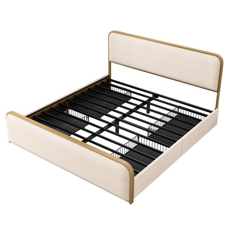 Modern Metal Bed Frame with Curved Upholstered Headboard and Footboard Bed with Under Bed Storage