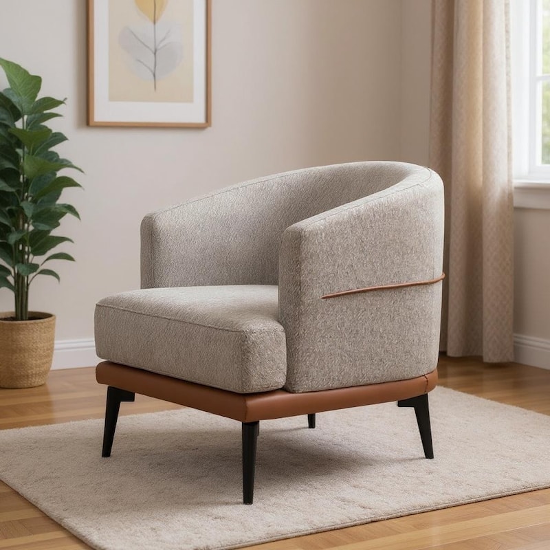 HomeRoots 29" Beige Terra Cotta and Black Linen Upholstered Wood Barrel Chair - 28.90 in. x 28.30 in. x 27.60 in.